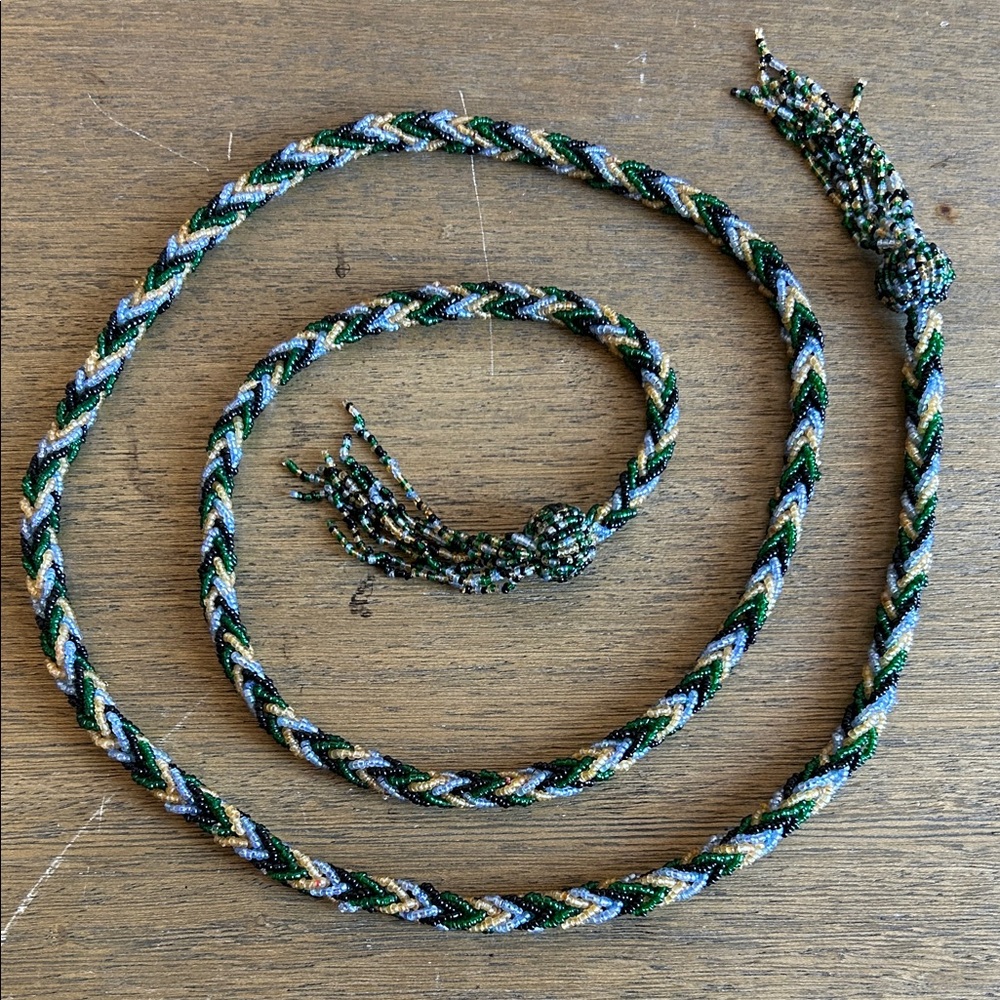 Vintage Handmade Braided Seed Bead Lariat Style Necklace\Belt\Flapper 56.5” Long